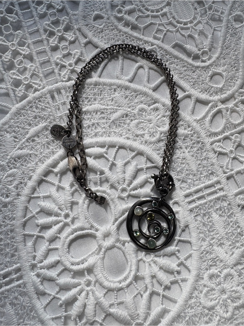 Dyrberg Kern Gunmetal Spiral Pendant Necklace with Green Accents by